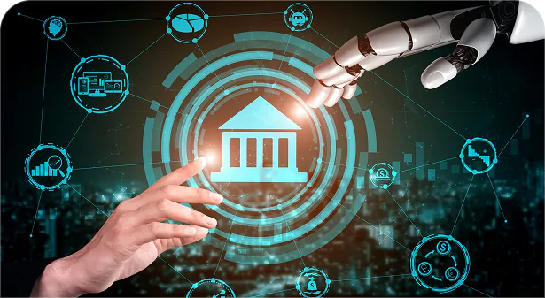 Human and robotic hands reaching toward a glowing government building icon