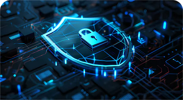 Glowing security shield and padlock over a circuit board