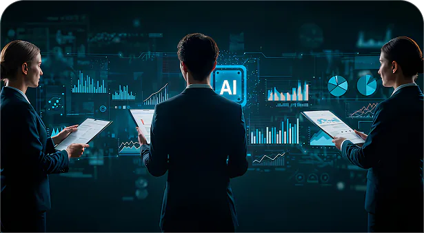 Business team reviewing AI dashboards and analytics