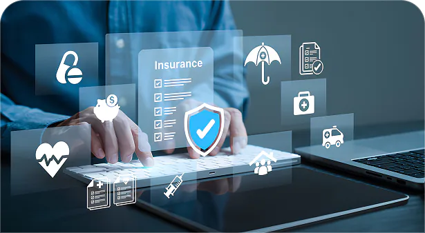 Insurance and security icons floating above a tablet