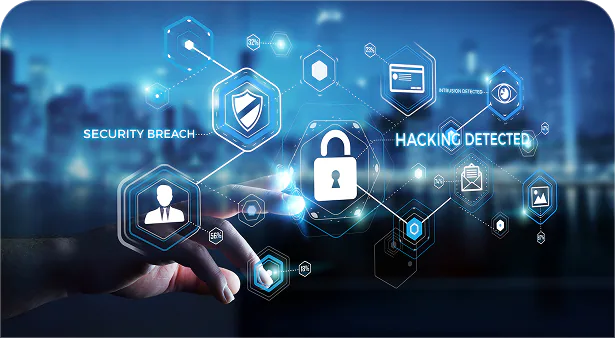 Hand touching a network of security icons with a 'hacking detected' alert