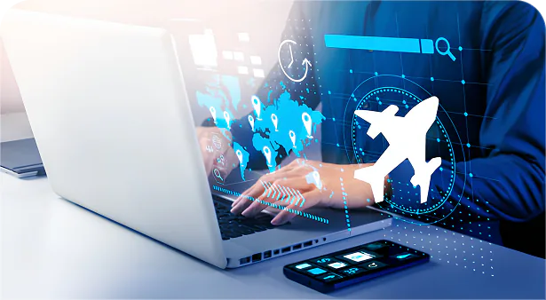 Laptop with travel booking and security icons