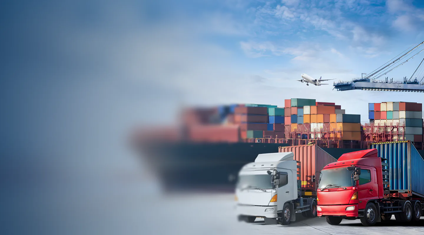 Cargo trucks, container ship and aircraft at a busy port