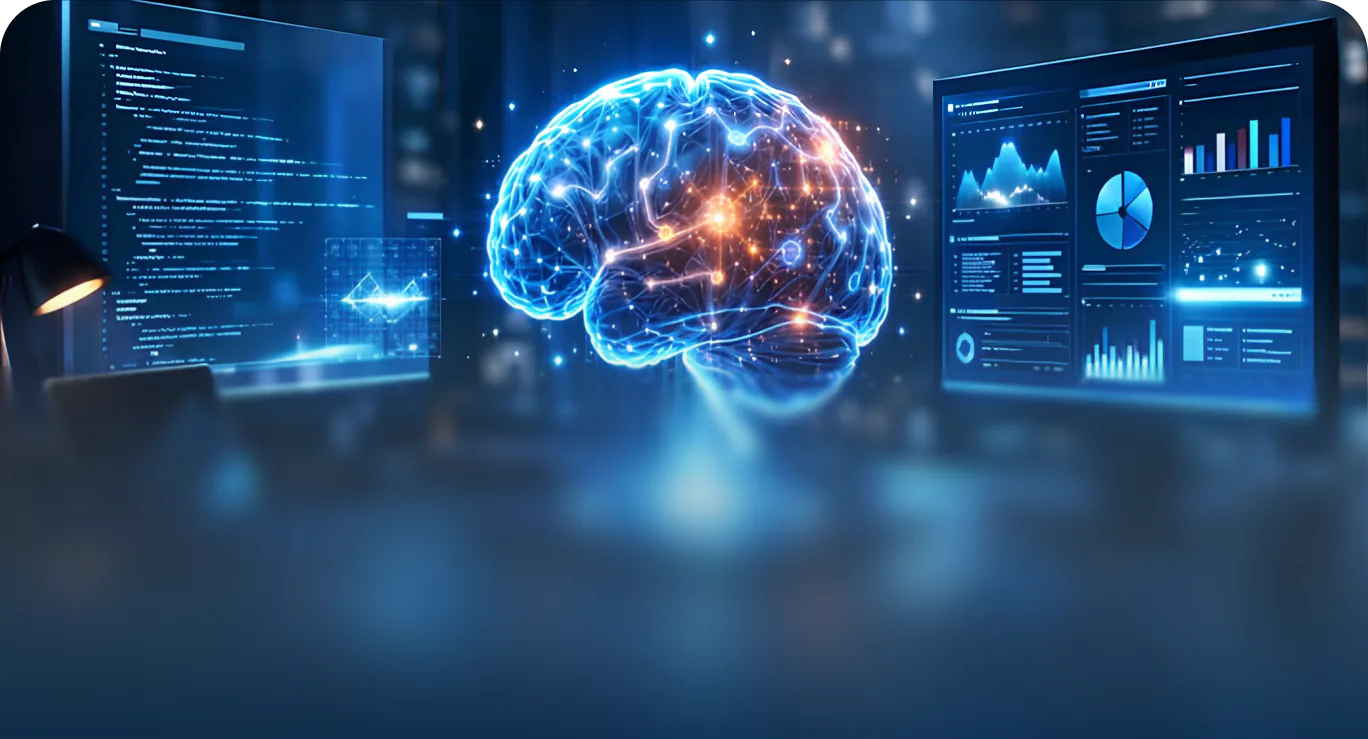 Glowing digital brain between screens of code and analytics dashboards