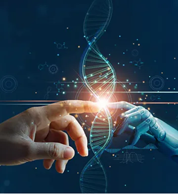 Human and robotic hands reaching toward a glowing DNA helix